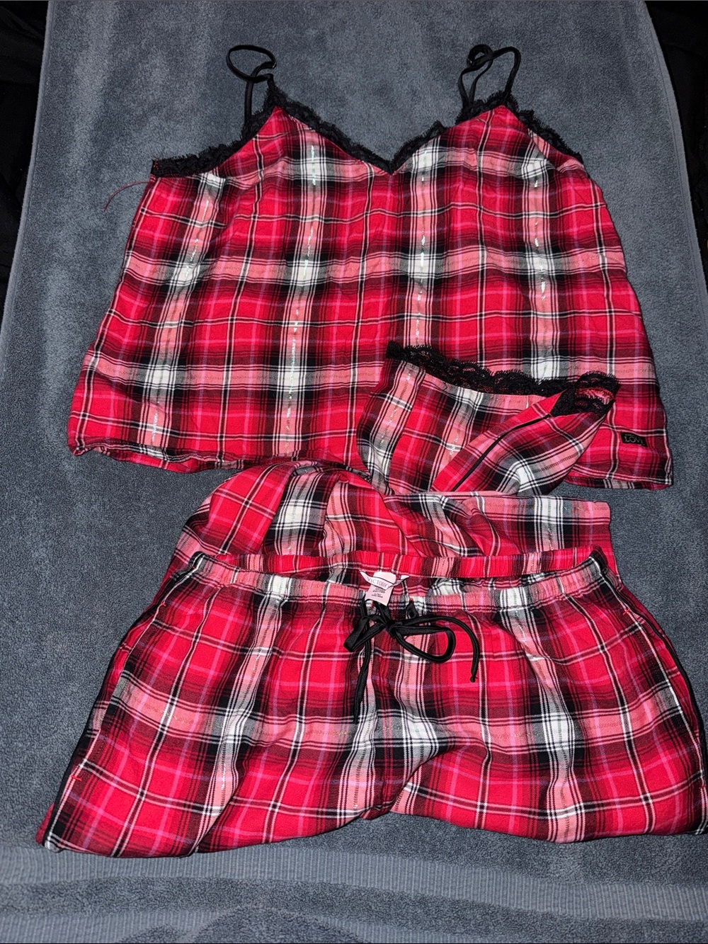 Victoria's Secret Red Plaid Cami & Shorts Pajama Set with Black Lace
